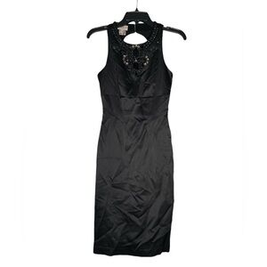 Karen Millen Black Dress Sz 4 Silk Satin Beaded Sleeveless Knee Length Cocktail